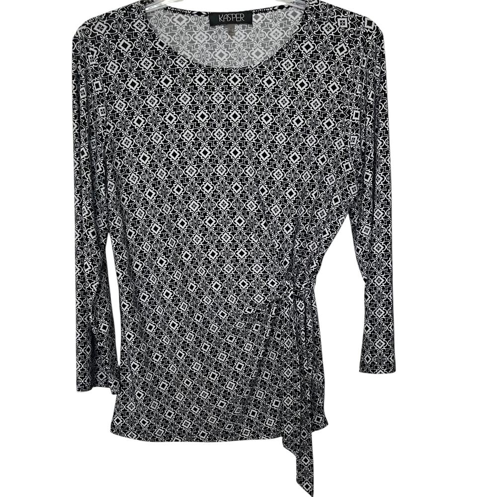 KASPER LONG SLV PULL-OVER ROUND NECK SIDE TIE BLOUSE, WOMENS, XL, BLACK/WHITE